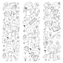 Children. School and kindergarten. Creativity and education. Music. Exploration. Science. Imagination. Play and study. Cooking. Singing. Reading. Different hobby and lessons. Vector illustration