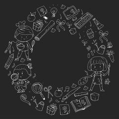 Children. School and kindergarten. Creativity and education. Music. Exploration. Science. Imagination. Play and study. Cooking. Singing. Reading. Different hobby and lessons. Vector illustration