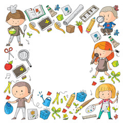 Children. School and kindergarten. Creativity and education. Music. Exploration. Science. Imagination. Play and study. Cooking. Singing. Reading. Different hobby and lessons. Vector illustration