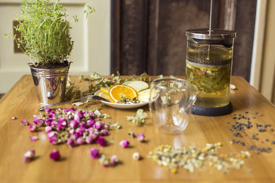 Herbal tea. Herbs and flowers