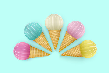 Set of ice cream cone, Punchy Pastels. Isolated 3D Objects for Advertising ice cream, Vacation, Summer time. Paper cut. Vector Illustration