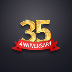 35th anniversary logo template. Thirty-five years celebrating golden numbers with red ribbon vector design elements