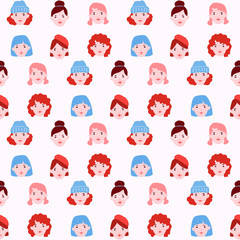 Cute female faces seamless vector pattern.