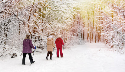 Nordic walking in the winter park.