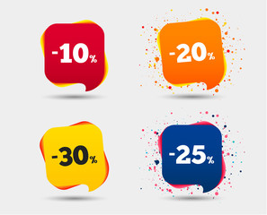 Sale discount icons. Special offer price signs. 10, 20, 25 and 30 percent off reduction symbols. Speech bubbles or chat symbols. Colored elements. Vector