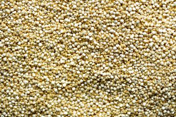 Raw organic quinoa grains background texture. Food ingredient background. Top view, healthy lifestyle concept