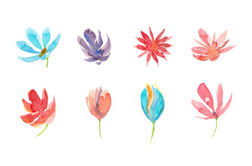 Watercolor hand drawn illustration set of colorful abstract flowers isolated on white