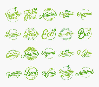 Set of hand written lettering logos of vegetarian, natural, organic, farm fresh.