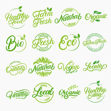 Set of organic, local, fresh, natural, vegan, healthy handwritten lettering logos, labels, emblems.