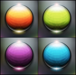 Shiny vector glass spheres set of 4. Crystal balls with colorful geometric design. Isolated with realistic shine and shadow on the black background. Vector illustration, Eps10,