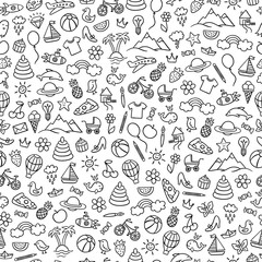 Cute seamless pattern for children. Funny background with different hand drawn elements