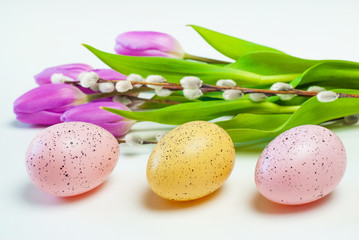Obraz na płótnie Canvas Colored eggs on white background. Easter, Spring holidays