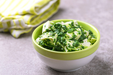 Traditional Indian cuisine. Homemade palak paneer. Copyspace, horizontal view
