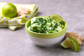 Traditional Indian cuisine. Homemade palak paneer. Copyspace, horizontal view