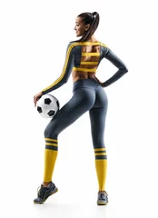 Foto op Plexiglas Sexual soccer player girl standing in silhouette isolated on white background. Rear view. Sport and healthy lifestyle © Romario Ien