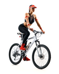 Active life. Sporty woman practicing on the bicycle in silhouette on white background. Sport and healthy lifestyle