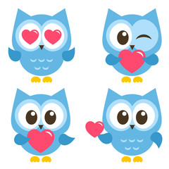 set of cute blue owls with hearts isolated on white background