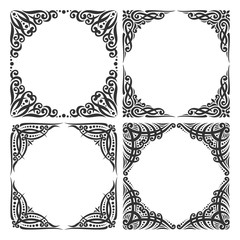 Vector set of decorative black frames on white, ornate decoration with flourishes for wedding invitation, 4 vintage borders with curls and dots, ornament with sophisticated indian design elements.
