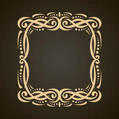 Vector decorative golden frame on dark, ornate decoration with flourishes for wedding invitation, vintage filigree border with curls and dots, ornament with sophisticated victorian design elements.