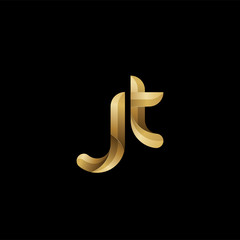 Fototapeta na wymiar Initial lowercase letter jt, swirl curve rounded logo, elegant golden color on black background