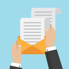 Email and incoming messages concept. Vector illustration. Hand holds envelope.