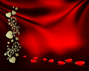 red background with a silhouette of hearts and rose petals