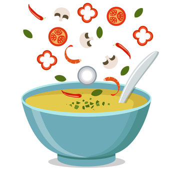 Soup with vegetables isolated  on white background. Vector illustration. Hot bowl of soup, dish isolated icon.