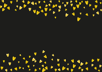 Valentine background with gold glitter hearts. February 14th day. Vector confetti for valentine background template. Grunge hand drawn texture. Love theme for gift coupons, vouchers, ads, events.