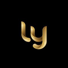 Initial lowercase letter ly, swirl curve rounded logo, elegant golden color on black background