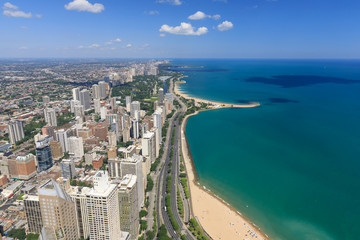 Fototapeta na wymiar Chicago, lake shore drive, lake michigan, North Avenue Beach, aerial view,