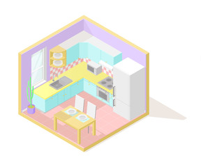 Vector isometric low poly cutaway interior illustartion. Kitchen