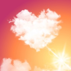 Realistic vector cloud heart on beautiful sunset sky with sun. Flare, sunshine.