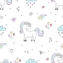 cute unicorn on a pink backgroun. vector pattern