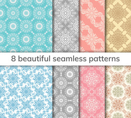 Set of 8 patterns. Collection arabic, indian, japanese, islamic motifs. Mandala seamless pattern.