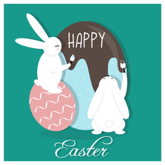 Cute and colorful Happy Easter card. Background, Banner with rabbit, bunnies and eggs