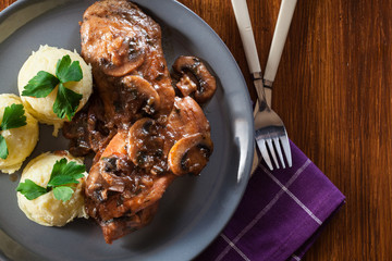 Delicious chicken marsala served with fettucine pasta