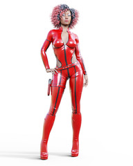 Obraz premium 3D beautiful tall woman in leather red bodysuit. Latex tight fitting suit. Gun in holster. Girl studio photography. High heel. Conceptual fashion art. Seductive candid pose. Realistic illustration. 