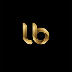 Initial lowercase letter lb, swirl curve rounded logo, elegant golden color on black background