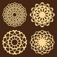 DIY laser cutting patterns. Jigsaw die cut ornaments. Islamic cutout silhouette stencils. Fretwork round panels. Vector coasters for paper cutting, scrapbook and woodcut.