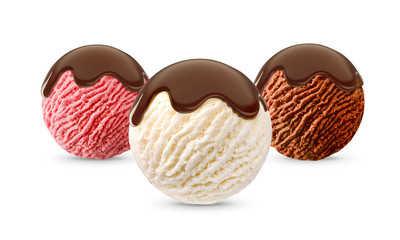 Mix creamy, strawberry, chocolate ice cream scoop with chocolate sauce, brown syrup topping  on various ice-cream ball