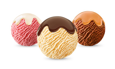 Mix creamy, strawberry, chocolate ice cream scoop with sauce, toffee, vanilla, chocolate syrup topping on ice-cream ball