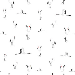 Red crowned crane seamless pattern. Graphic silhouettes with grunge texture. Clear white modern background with japanese birds. Print, textile, fabrics illustration.
