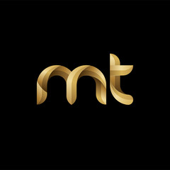Initial lowercase letter mt, swirl curve rounded logo, elegant golden color on black background