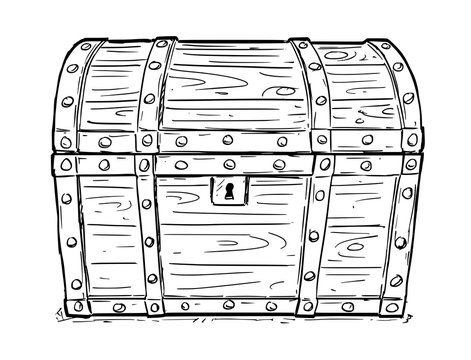 Cartoon vector doodle drawing illustration of old wooden closed and locked pirate treasure chest or trunk. Business concept of security,secret and treasure.