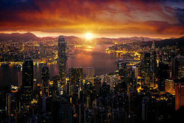 Fototapeta na wymiar Cityscape of Marning sunrise and Hong kong city fron Victoria peak
