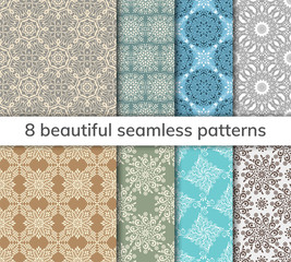 Set of 8 patterns. Collection arabic, indian, japanese, islamic motifs. Mandala seamless pattern.