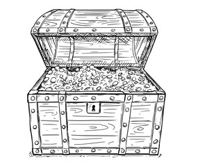 Cartoon vector doodle drawing illustration of old wooden pirate treasure chest full of gold or silver coins inside. Business concept of success and wealth.
