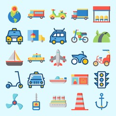 Icons set about Transportation with car key, van, bus stop, road, scooter and propeller