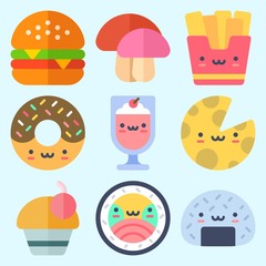 Icons set about Food with fries, cupcake, mushroom, milkshake, hamburger and cheese