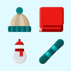 Icons set about Winter with snowboard, blanket, winter hat and snowman